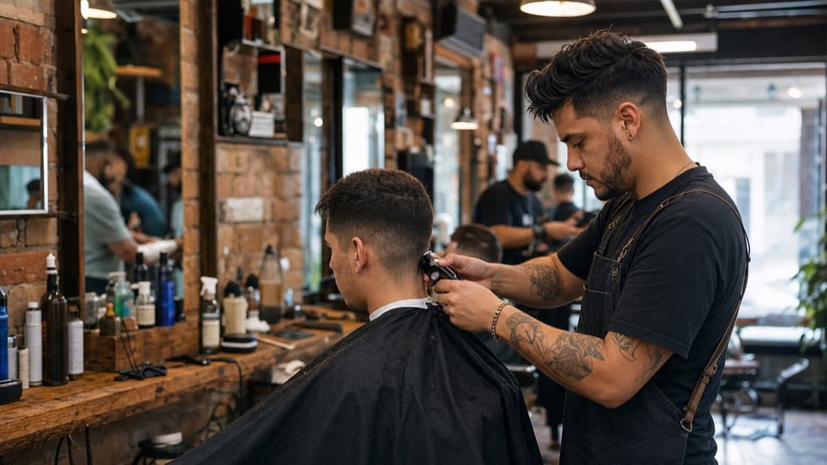 An independent barber giving a customer a haircut in a working barbershop