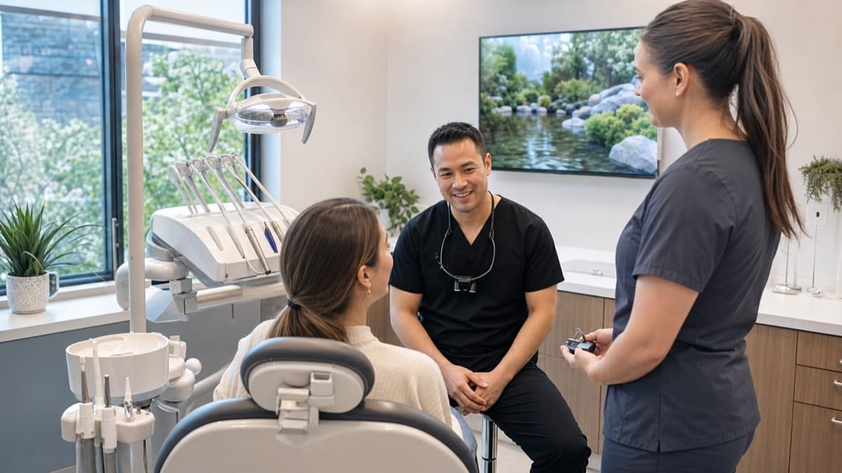 A neighborhood dental team speaking with a patient before a routine visit