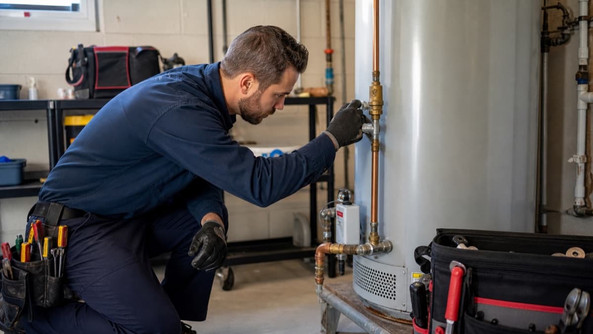 A home-service technician inspecting a residential water heater