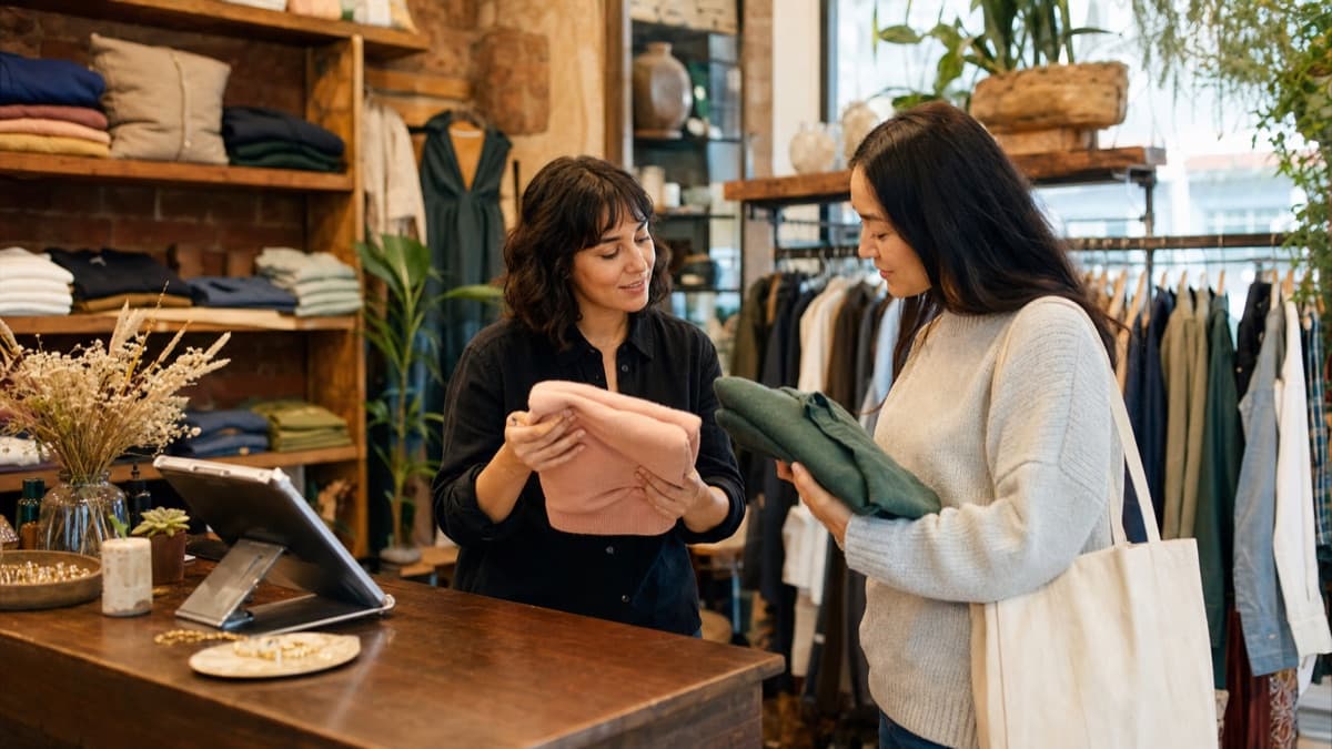 A boutique owner helping a customer compare garments in an independent shop