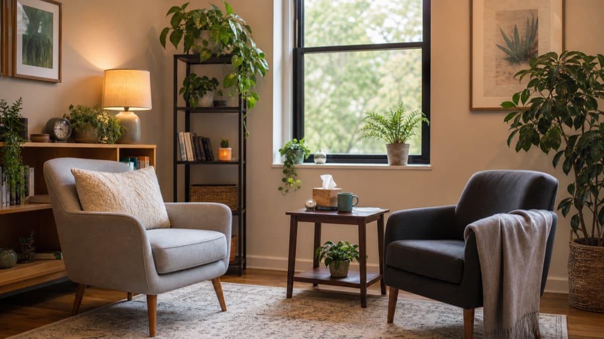 A calm private therapy consultation room with two comfortable chairs